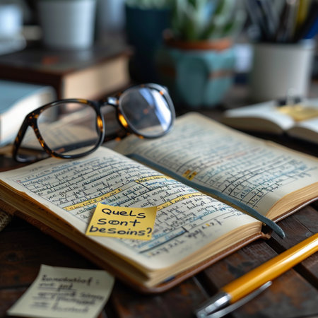Notebook and glasses on a wooden table in a home office.の素材