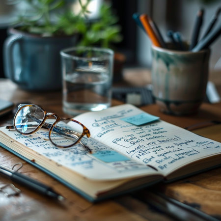 Notebook with glasses and pen on a wooden table in a cafeの素材
