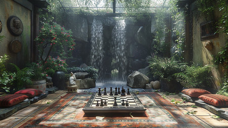 3d render of a chessboard in a garden with a waterfallの素材