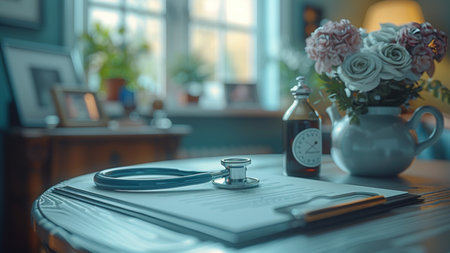 Stethoscope on the table in the doctor's office. Medical concept.の素材