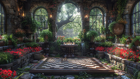 Interior of a garden in the early morning with fog and flowersの素材