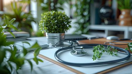 Stethoscope on wooden table in medical office. 3d renderingの素材
