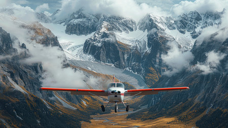 Airplane in the mountains. 3d rendering. Computer digital drawing.の素材