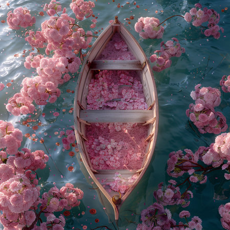 Cherry blossoms in full bloom in a small boat on the lakeの素材