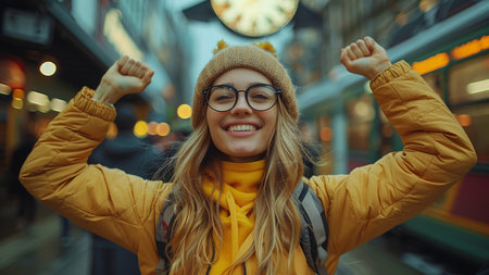 Portrait of a smiling young woman in a yellow jacket and hat with a backpack standing on a city street and rejoicingの素材