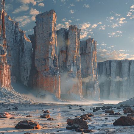 Foggy morning in the desert. Fantastic landscape. 3d renderの素材