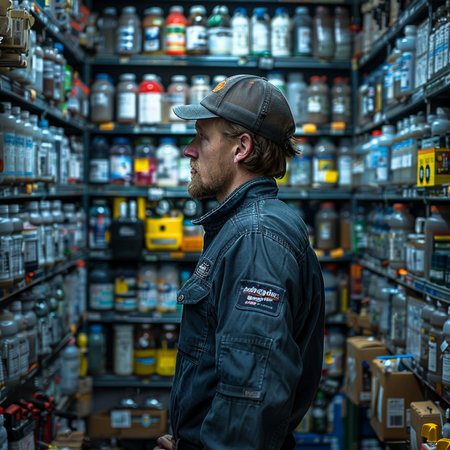 A man in a cap and workwear stands in a warehouse.の素材