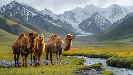Camels in the mountains of Kyrgyzstan, Central Asiaの素材