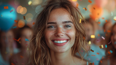 Portrait of happy young woman with confetti at party against bokehの素材
