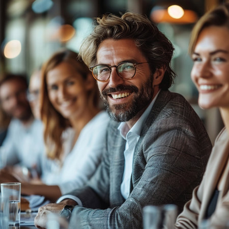 Portrait of smiling business people sitting at table in conference hall.の素材