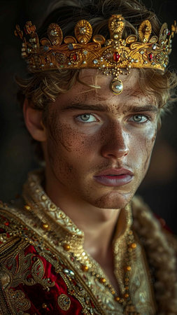 Portrait of a beautiful young man with golden crown on his headの素材
