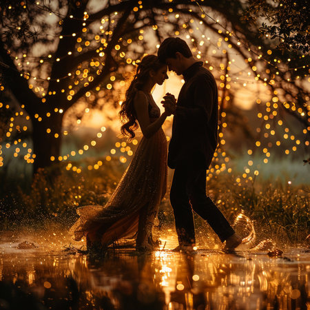 Romantic young couple in love dancing in the rain at sunset.の素材