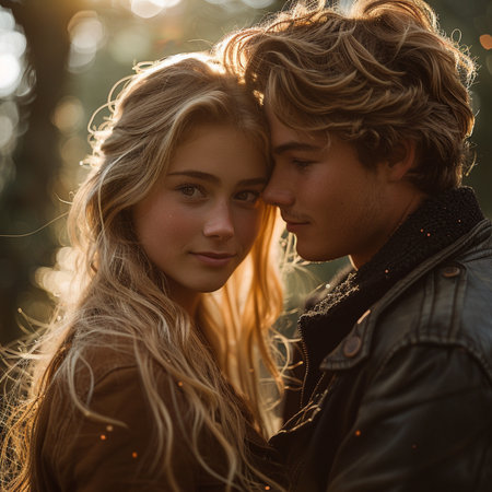 Beautiful young couple in love posing in the autumn forest on a sunny day.の素材
