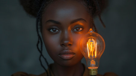 Close-up portrait of beautiful african american woman with glowing lightbulbの素材