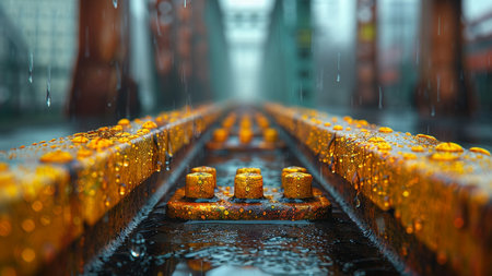 Raindrops on the metal bridge. Abstract background. Shallow depth of field.の素材