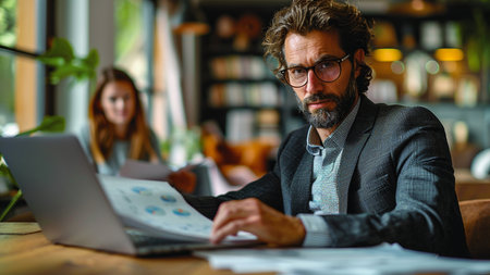 Portrait of a handsome mature businessman working on a laptop in a cafeの素材