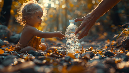 Little girl and her father collect plastic bottles in the autumn forest.の素材