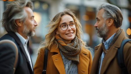 Smiling young woman in eyeglasses looking away while walking with her friends in the cityの素材