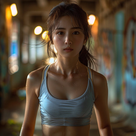 Portrait of beautiful Asian woman in sportswear at nightの素材