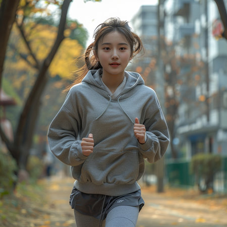 young beautiful and happy Asian Korean runner woman jogging outdoors in urban city at beautiful autumn dayの素材