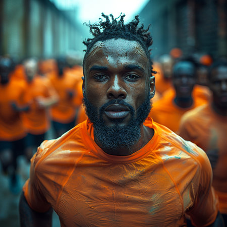 Group of african american and caucasian men in orange sportswear running togetherの素材