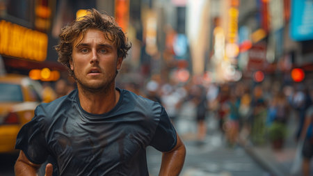 Young handsome man running in Times Square, Manhattan, New York Cityの素材