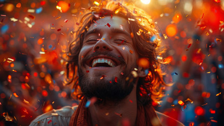 Cheerful young man with red hair blowing confetti and smiling at cameraの素材