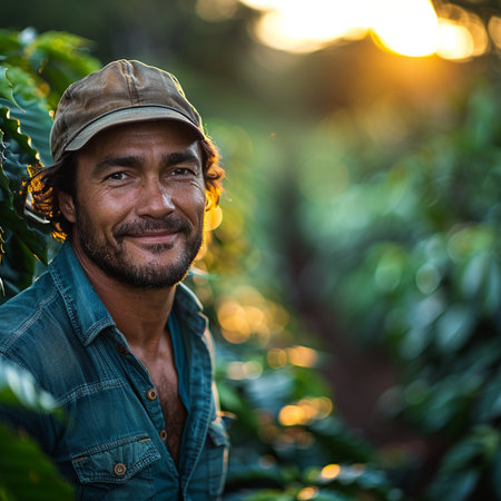 Portrait of a smiling coffee farmer standing in a coffee plantation.の素材