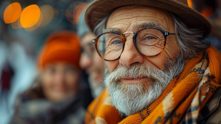 Portrait of a senior man with his grandchildren at the Christmas marketの素材