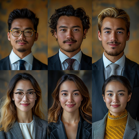 Collage of young asian business people posing in studio, looking at camera.の素材