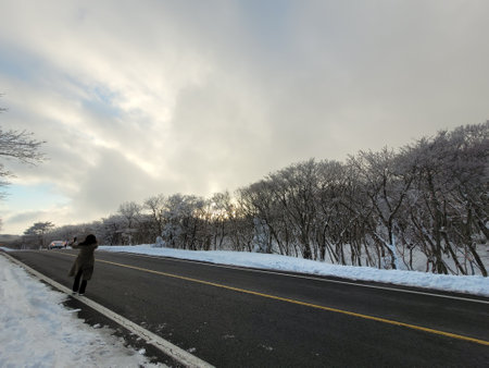 Unidentified people walking on the road in winter.の写真素材