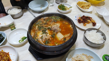 Korean food, Kimchi soup with pork in hot pot.の写真素材