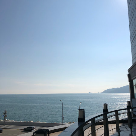 View of the sea from the deck of a cruise ship in Hong Kongの写真素材