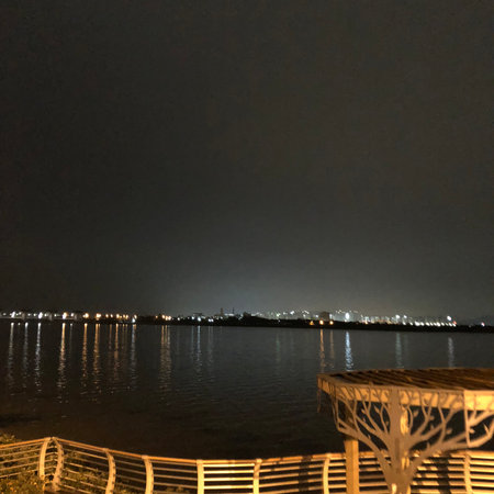 Night view of the city at the lake with a pier in the foregroundの写真素材