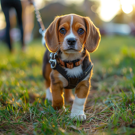 Portrait of a cute purebred beagle puppy on a walk in the parkの素材