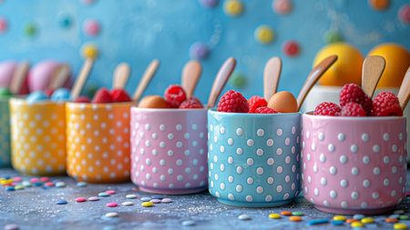 Colorful candies in cup with raspberries and chocolate easter eggsの素材