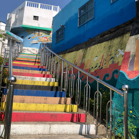 Colorful stairs in the street of San Juan, Puerto Rico.の写真素材