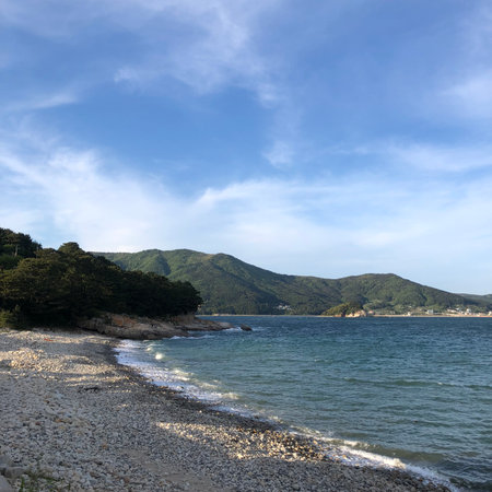 Beach and sea in Liguria, Italy on a sunny dayの写真素材
