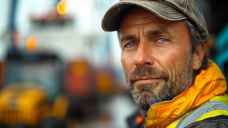 Portrait of a bearded man on the background of a construction siteの素材