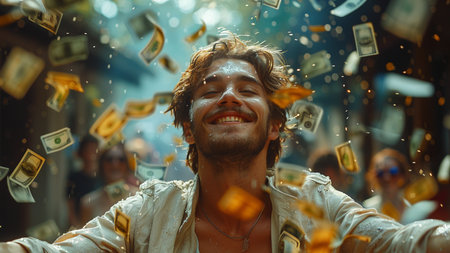 Happy young man dancing in the rain of money. The concept of wealth and happiness.の素材
