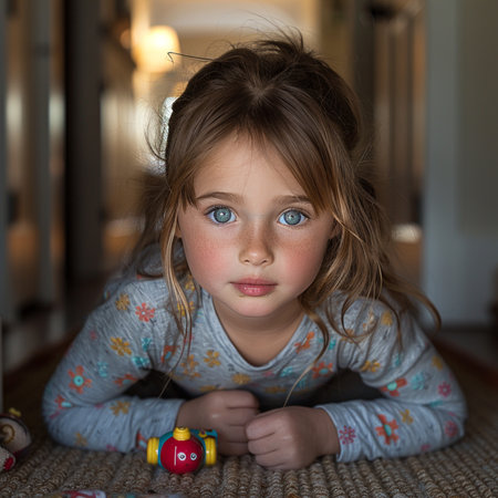 Portrait of a little girl lying on the floor and playing with toysの素材