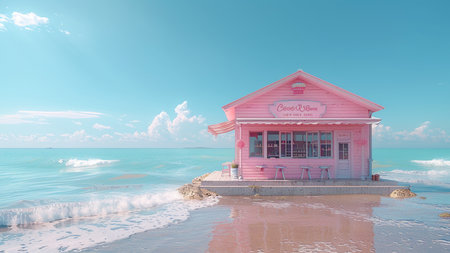 Beautiful pink beach hut on a tropical island with blue sky backgroundの素材