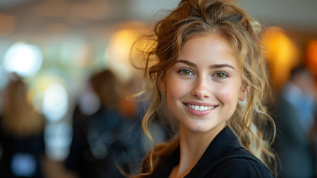 Portrait of a beautiful young woman with long blond hair in the airportの素材