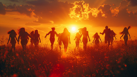Group of young people running on the meadow at sunset. Group of friends having fun.の素材