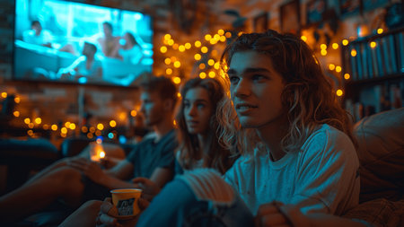 Group of young friends watching TV and drinking coffee in night club.の素材