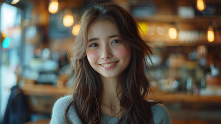 Portrait of beautiful young asian woman sitting in coffee shop.の素材