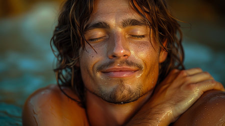 Portrait of a young man with closed eyes on the beach.の素材