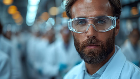 Portrait of confident male scientist looking at camera while standing in a laboratoryの素材