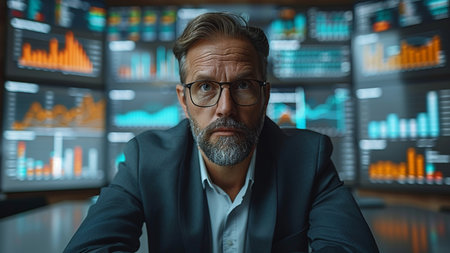 Portrait of senior businessman in eyeglasses looking at camera while sitting at workplace in officeの素材