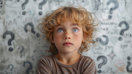 Portrait of a little boy with blond curly hair and blue eyesの素材